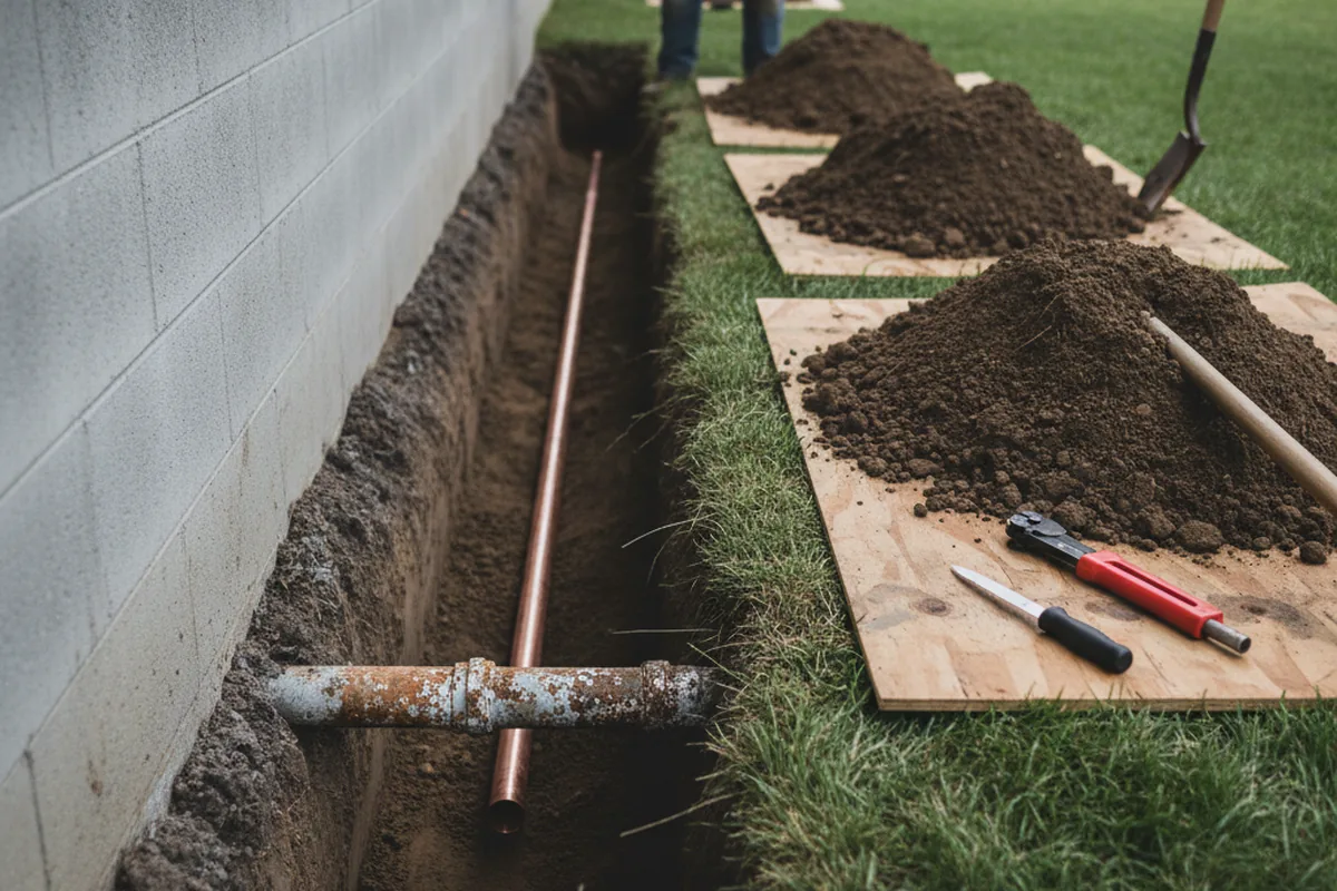 Excavated water line trench during Sewer Line Repair in Hungerford